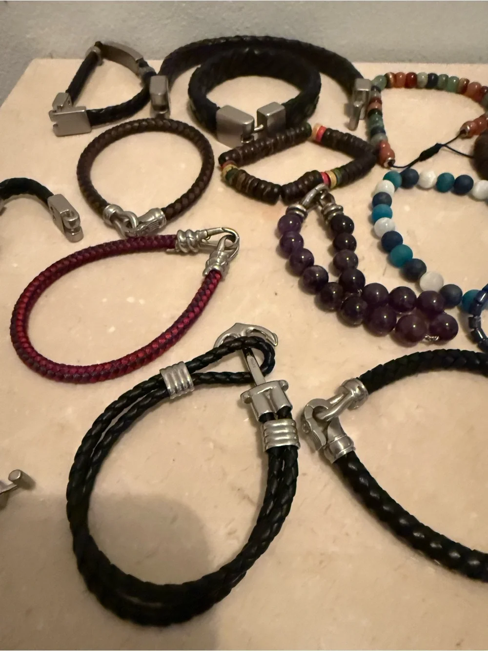 Lot of 14 leather & bead bracelets. Various